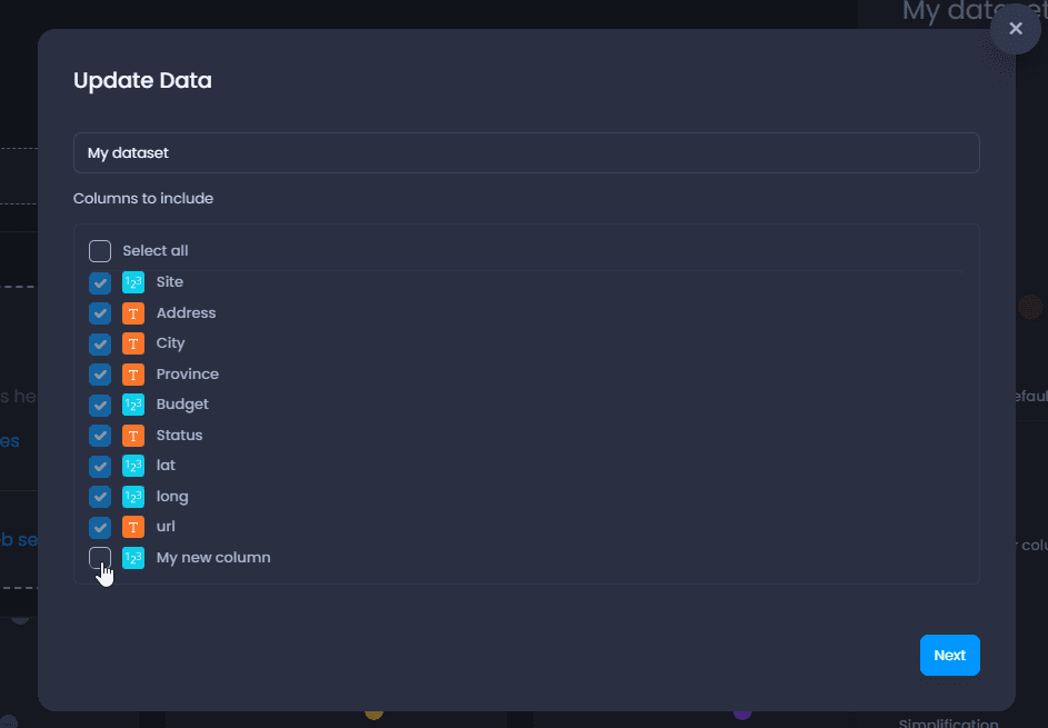 Screenshot showing add new column during the update in CartoVista when updating a layer or data table