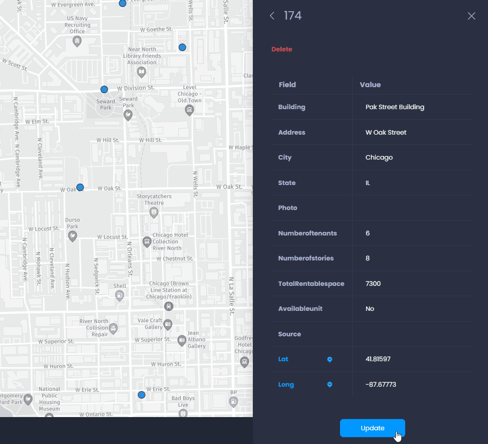 Screenshot showing add point update attribute values in CartoVista when editing data