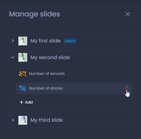 Screenshot showing add remove thematic analysis in CartoVista when creating a new slide and manage slides