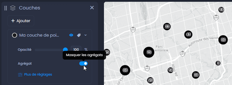 Capture d'écran montrant afficher les agregats dans CartoVista lors de afficher des couches de points volumineuses grâce aux agrégats