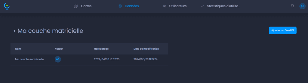 Capture d'écran montrant ajouter un geotiff dans CartoVista lors de création des séries temporelles matricielles (à partir de plusieurs geotiffs)