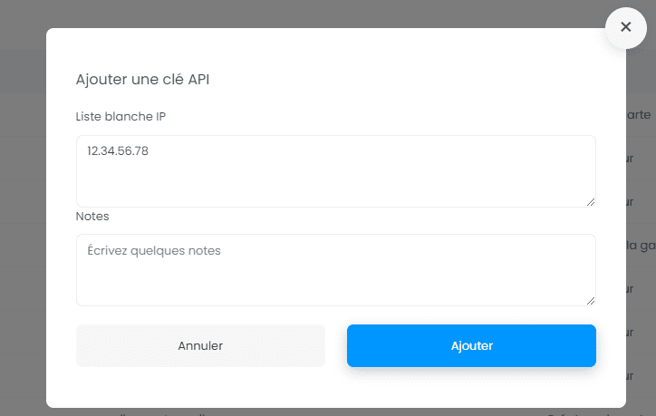 Capture d'écran montrant ajouter une cle api dialogue dans CartoVista lors de utilisation l’api rest de cartovista