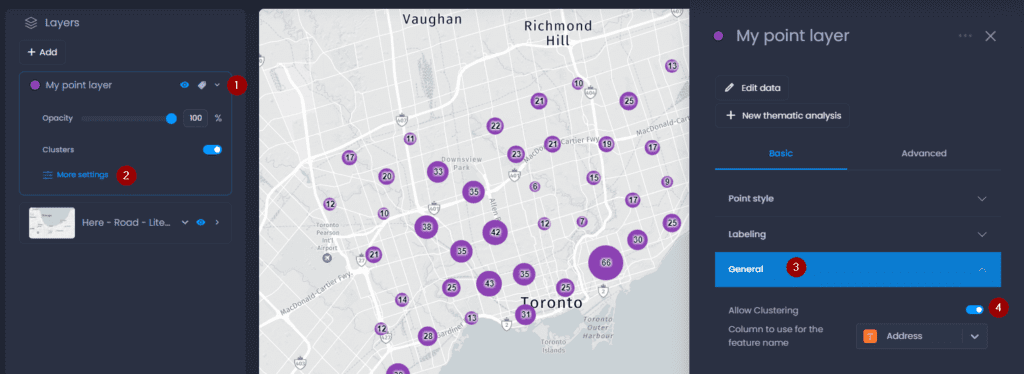 Screenshot showing allow clustering in CartoVista when display large point layers with clustering