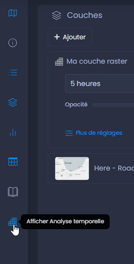 Capture d'écran montrant analyse temporelle activee dans CartoVista lors de travailler avec des données vectorielles temporelles (un-à-plusieurs)