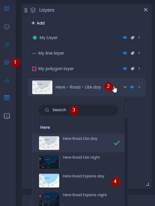 Screenshot showing basemap selection in CartoVista when change the basemap and panel layout
