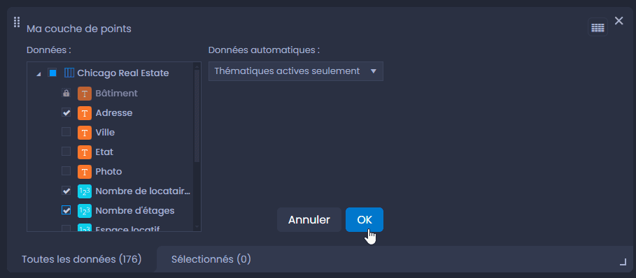 Capture d'écran montrant configuration du tableau de donnees selection de colonnes dans CartoVista lors de modification les colonnes affichées dans le tableau de données