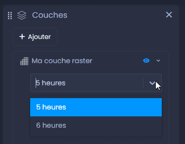 Capture d'écran montrant control de couches serie temporelle dans CartoVista lors de création des séries temporelles matricielles (à partir de plusieurs geotiffs)