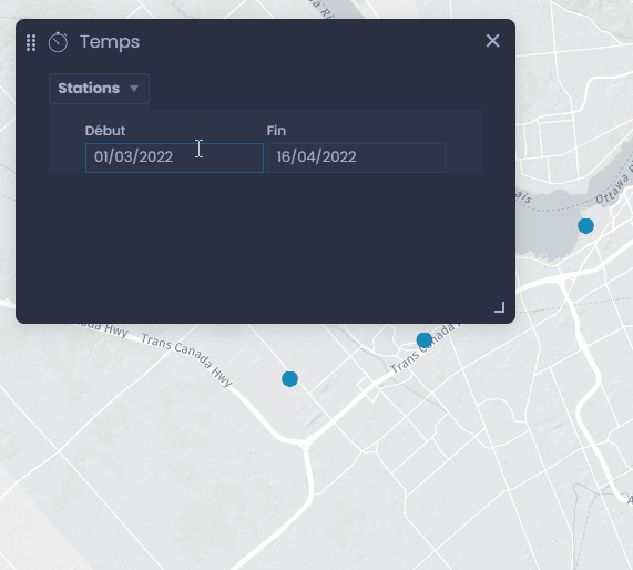Capture d'écran montrant controle du temps selection de dates dans CartoVista lors de travailler avec des données vectorielles temporelles (un-à-plusieurs)