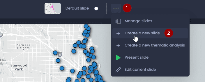 Screenshot showing create a new slide in CartoVista when creating a new slide and manage slides