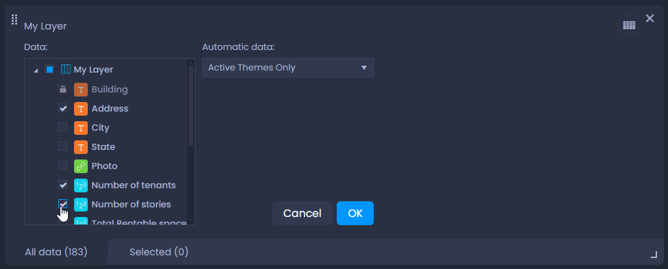 Screenshot showing data table settings column selection in CartoVista when change the columns displayed in the data table
