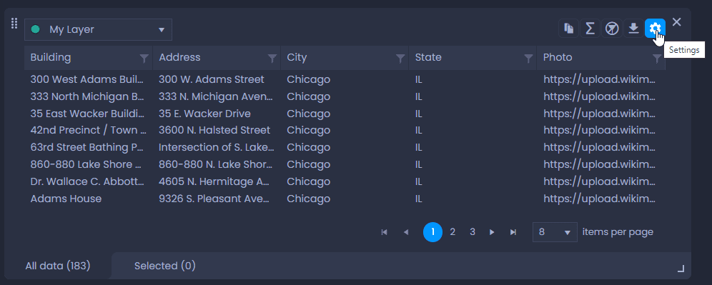 Screenshot showing data table settings in CartoVista when change the columns displayed in the data table