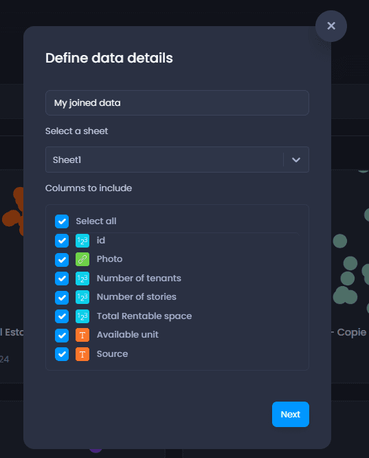 Screenshot showing define data details joined in CartoVista when link data tables to a layer