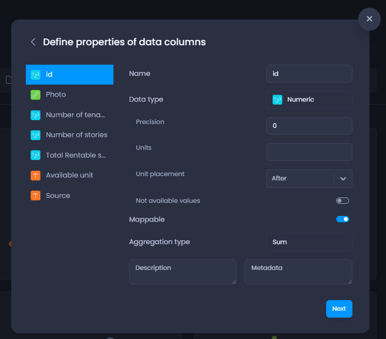 Screenshot showing define properties of columns joined in CartoVista when link data tables to a layer