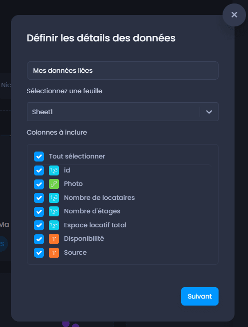 Capture d'écran montrant definir les details des donnees liees dans CartoVista lors de lier une table de données à une couche