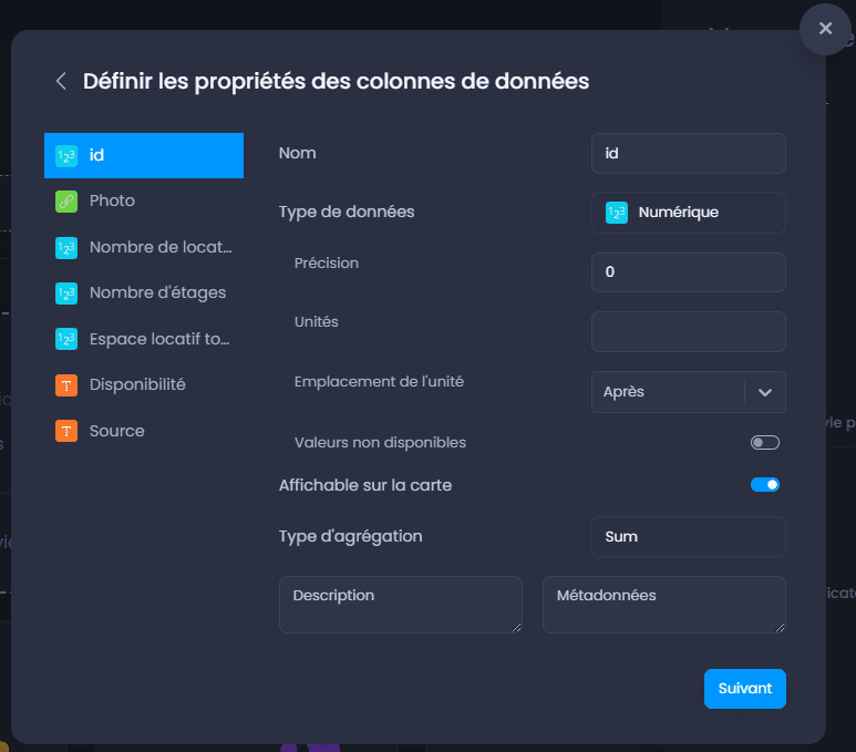 Capture d'écran montrant definir les proprietes des colonnes liees dans CartoVista lors de lier une table de données à une couche