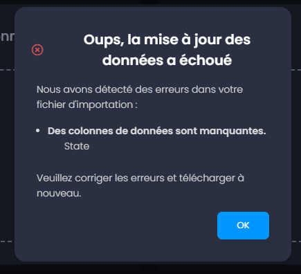 Capture d'écran montrant echec de la mise a jour dans CartoVista lors de mise à jour à jour une couche ou un tableau de données