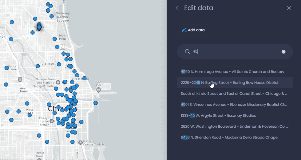 Screenshot showing edit data search in CartoVista when editing data