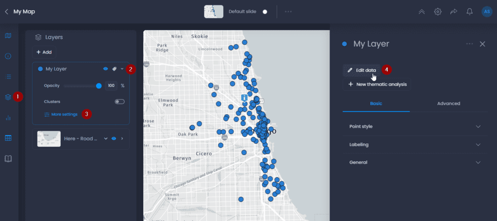 Screenshot of the CartoVista interface for editing data: edit data