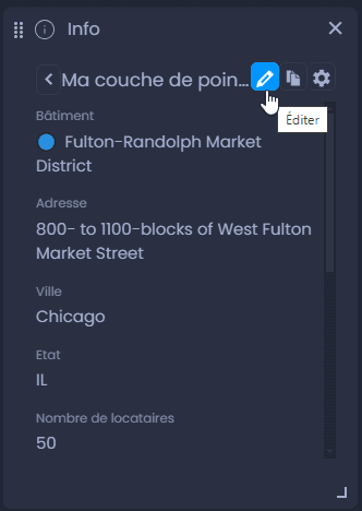 Capture d'écran montrant editer donnees panneau info dans CartoVista lors de édition les données