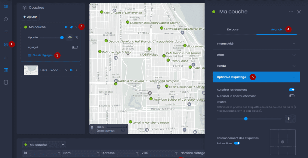 Capture d'écran montrant etiquettes avance dans CartoVista lors de configuration les étiquettes