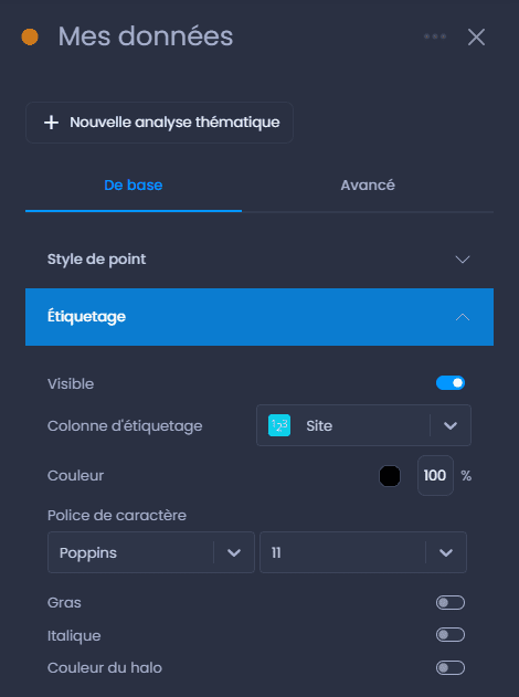 Capture d'écran montrant etiquettes visibiles dans CartoVista lors de définition les plages de visibilité