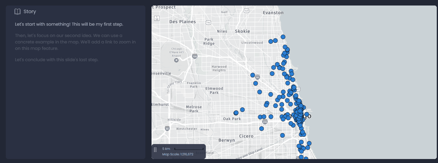 Screenshot showing feature link story result in CartoVista when write map stories