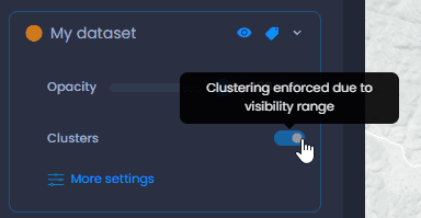 Screenshot showing forced clustering in CartoVista when setting up visibility ranges