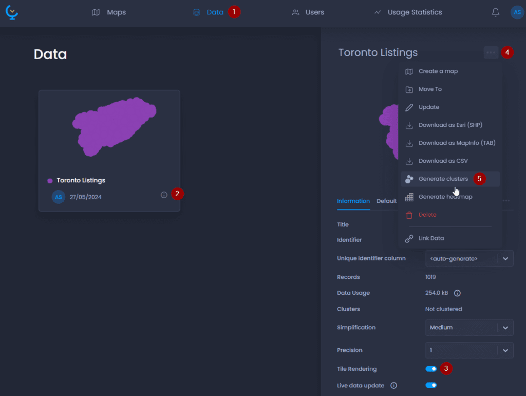 Screenshot showing generate clusters in CartoVista when display large point layers with clustering