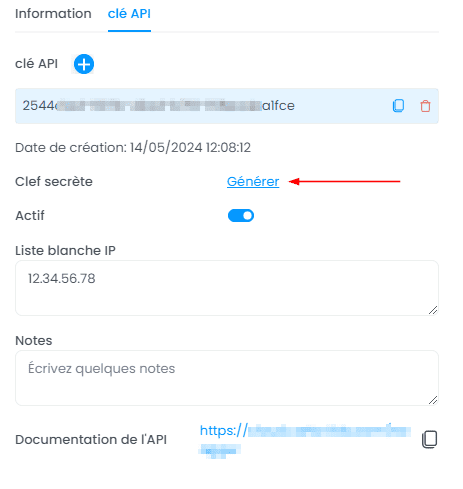 Capture d'écran montrant generer une cle secrete dans CartoVista lors de utilisation l’api rest de cartovista