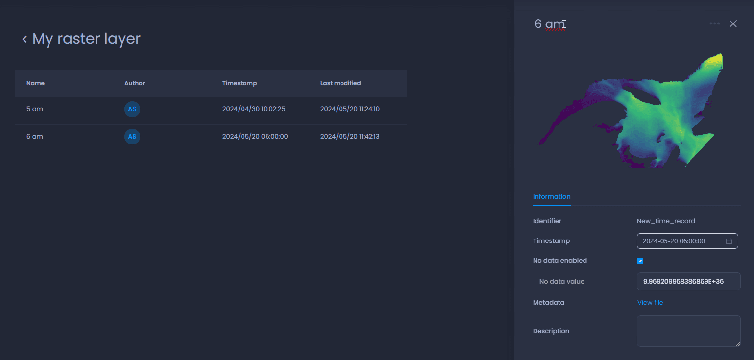 Screenshot showing geotiff properties in CartoVista when creating raster time series (from multiple geotiffs)