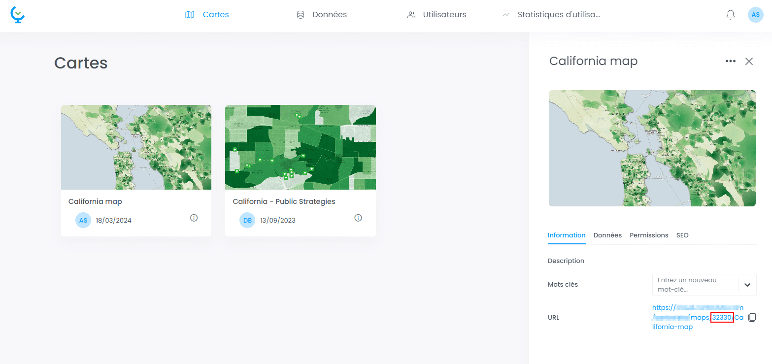 Capture d'écran montrant identifiant unique d une carte dans CartoVista lors de utilisation l’api rest de cartovista