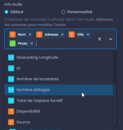 Capture d'écran montrant info bulle defaut dans CartoVista lors de personnalisation l’interactivité des couches