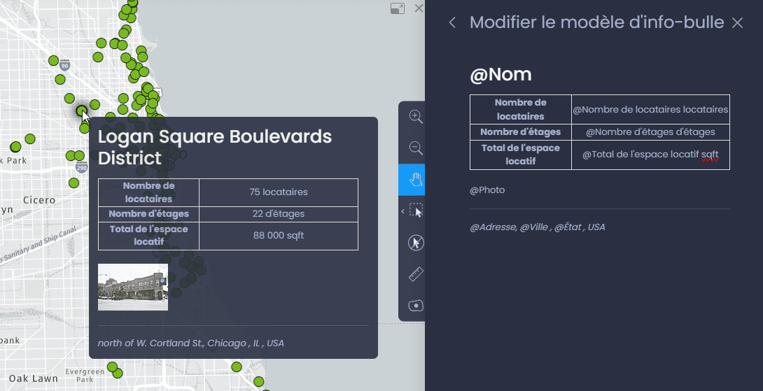 Capture d'écran montrant info bulle personnalise edition dans CartoVista lors de personnalisation l’interactivité des couches