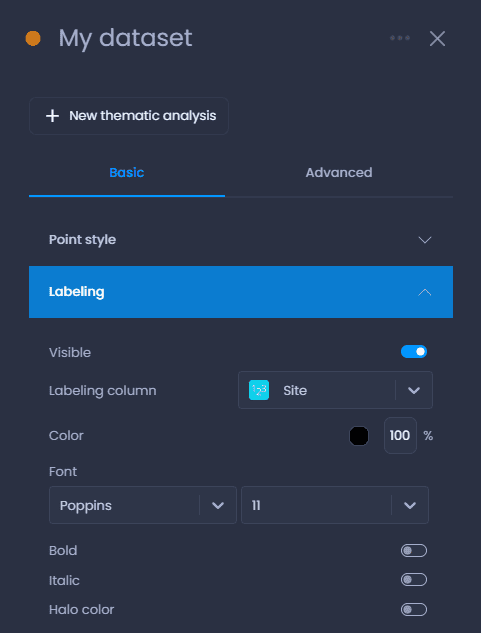 Screenshot showing labels active in CartoVista when setting up visibility ranges