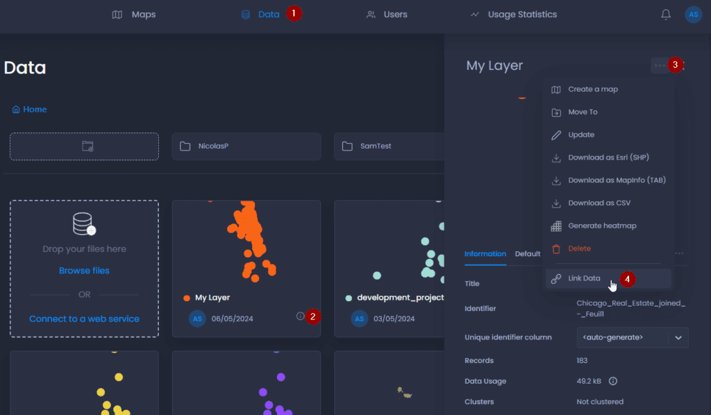 Screenshot showing link data action in CartoVista when link data tables to a layer