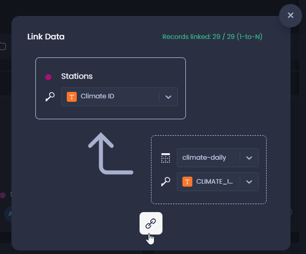 Screenshot showing link data one to many in CartoVista when work with time-based vector data (many to one)