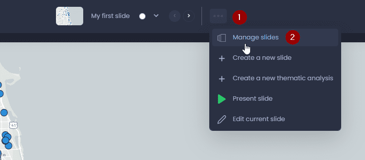 Screenshot showing manage slides in CartoVista when creating a new slide and manage slides