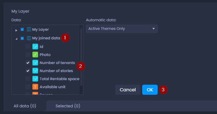 Screenshot showing map data table panel settings add joined data in CartoVista when link data tables to a layer
