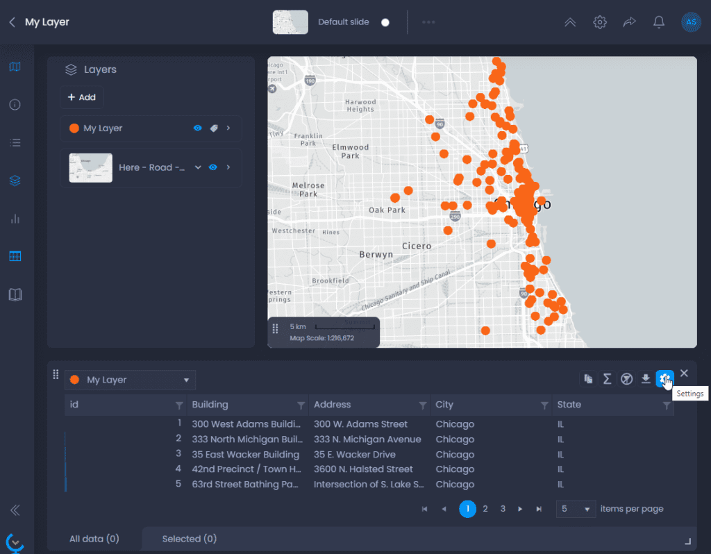 Screenshot showing map data table panel settings in CartoVista when link data tables to a layer