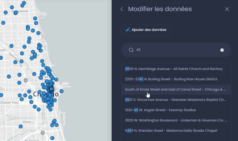 Capture d'écran montrant modifier les donnees recherche dans CartoVista lors de édition les données