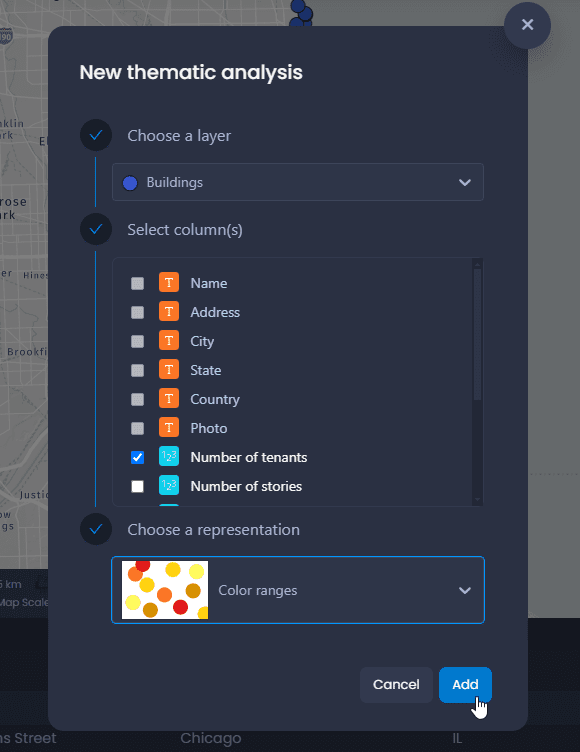 Screenshot showing new thematic analysis in CartoVista when creating and customize a thematic analysis