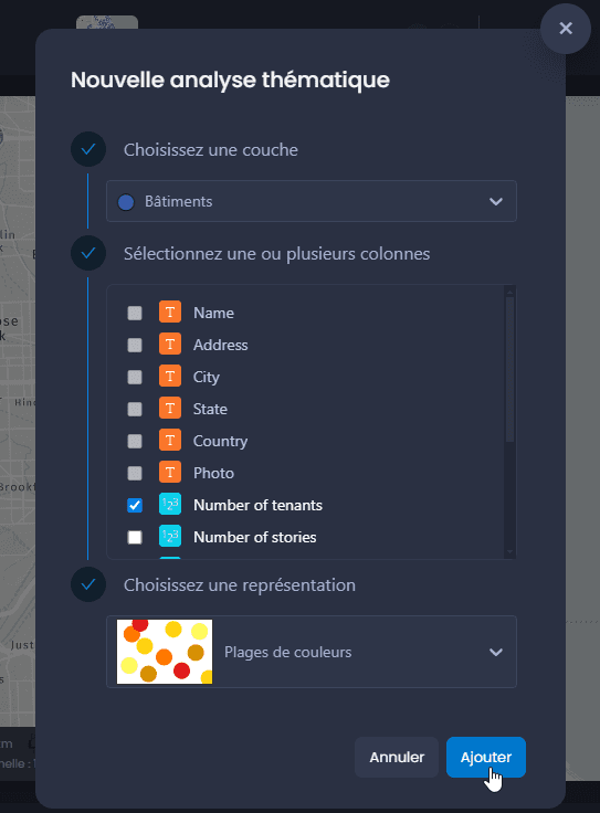 Capture d'écran montrant nouvelle analyse thematique dialogue dans CartoVista lors de création et personnaliser une analyse thématique