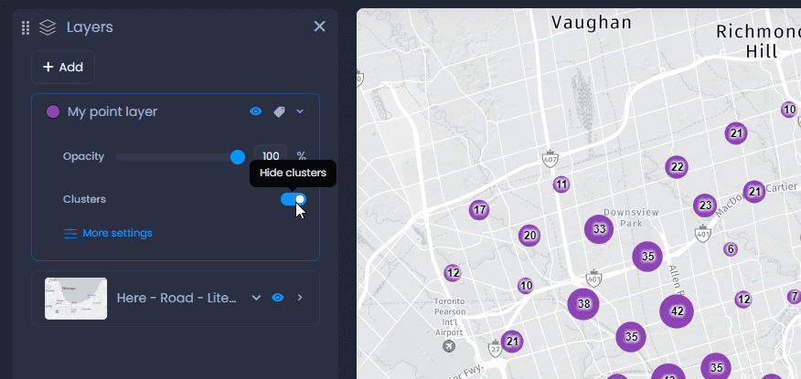 Screenshot showing on the fly clusters in CartoVista when display large point layers with clustering