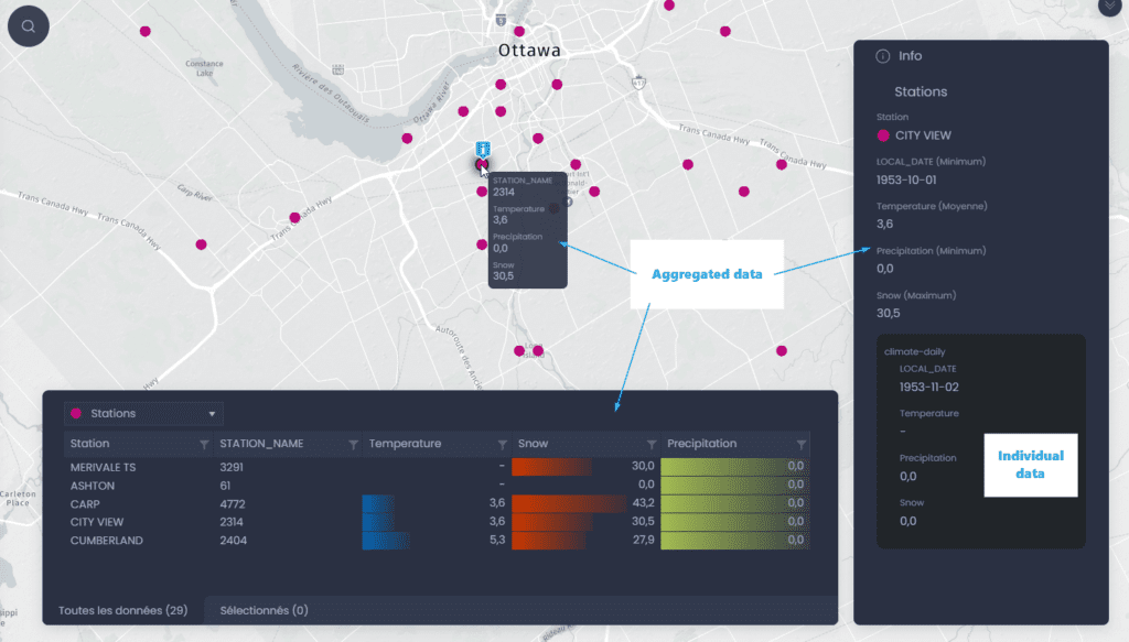 Screenshot showing one to many data in CartoVista when work with time-based vector data (many to one)