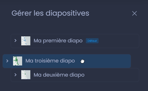 Capture d'écran montrant ordonner les diapositives dans CartoVista lors de création une nouvelle diapositive et gérer les diapositives