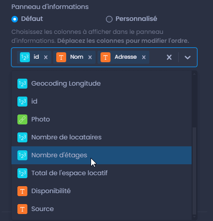 Capture d'écran montrant outil info defaut dans CartoVista lors de personnalisation l’interactivité des couches