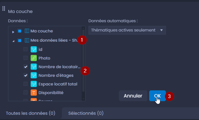 Capture d'écran montrant panneau tableau ajouter donnees liees dans CartoVista lors de lier une table de données à une couche