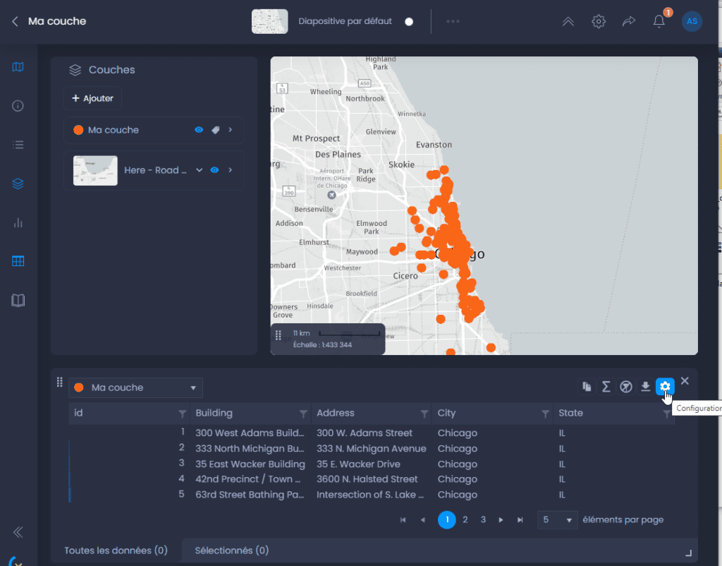 Capture d'écran montrant panneau tableau configurations dans CartoVista lors de lier une table de données à une couche