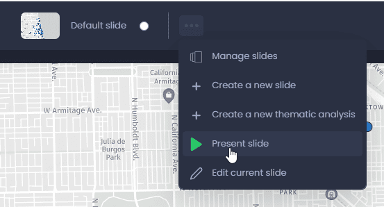 Screenshot showing present slides slide action in CartoVista when write map stories