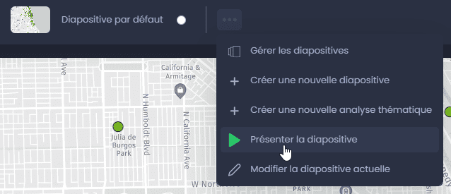 Capture d'écran montrant presenter la diapositive a partir des actions dans CartoVista lors de création des histoires dans vos cartes
